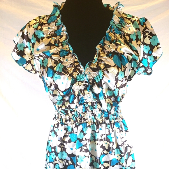 Allison Madison Tops - Allison Madison Teal Multicolored Floral Cross Over Cap Sleeve Blouse Sz…